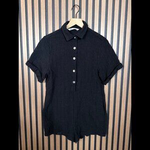 Zara One Piece XS Black Textured Henley Roll Tab Short Sleeve Pockets Romper